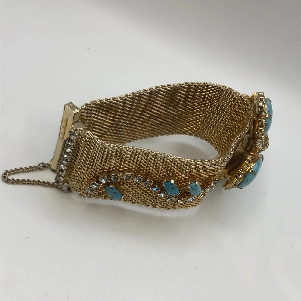 Vintage Gold Tone Mesh Cuff Bracelet Faux Turquoise Rhinestone Statement - Picture 2 of 7